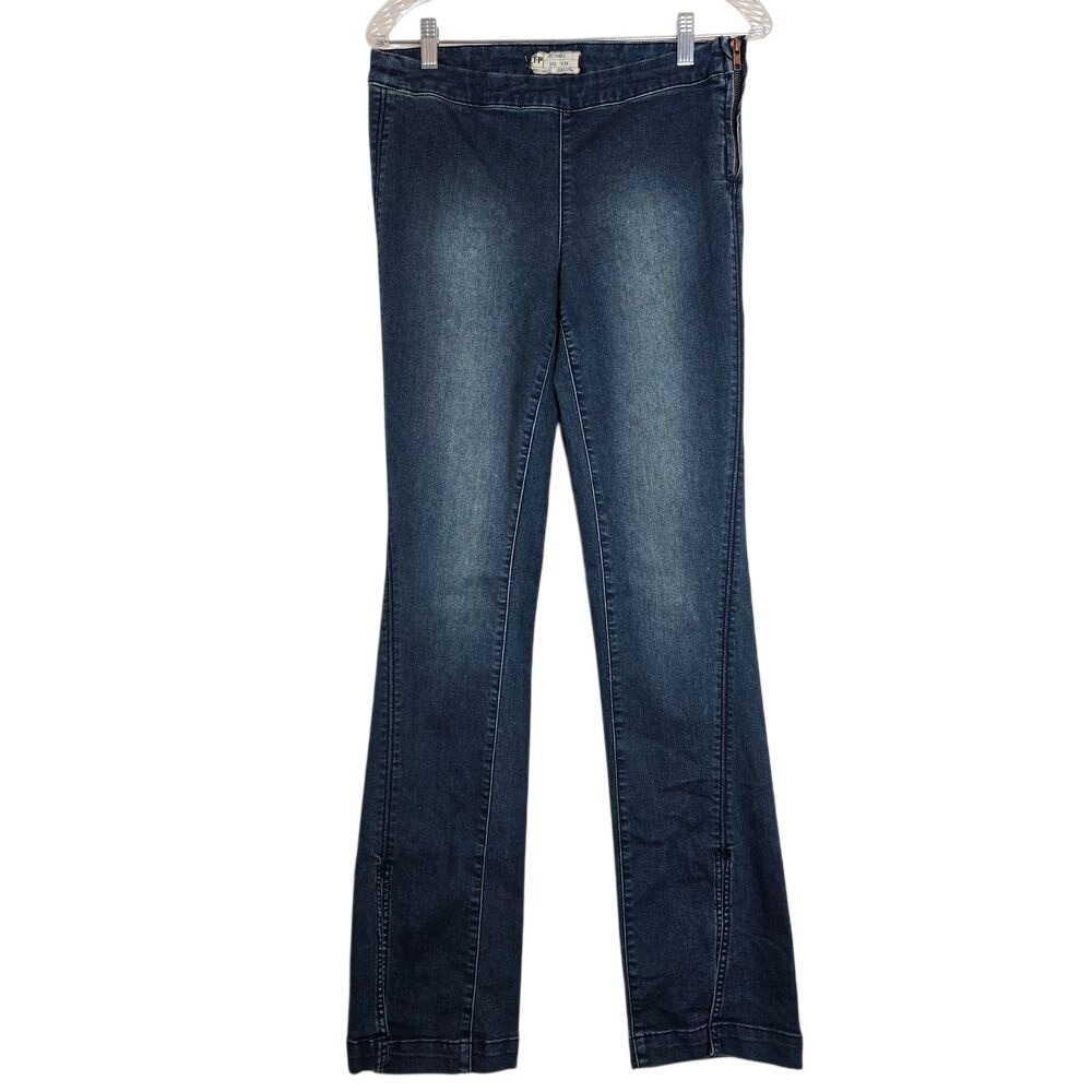 Free People Women's Sz 29 Flare Split Hem Retro Dark Blue Stretchy Elastic Waist